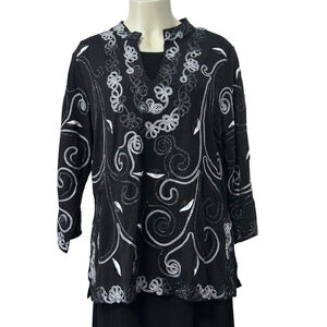 Saint Tropez West Black Silver Embroidered Tunic Top Size XL